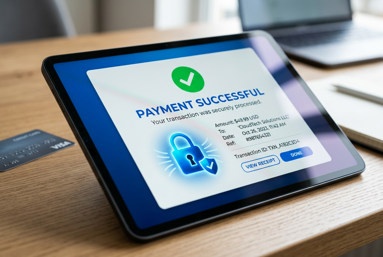 A digital screen showing a successful transaction and security symbols.