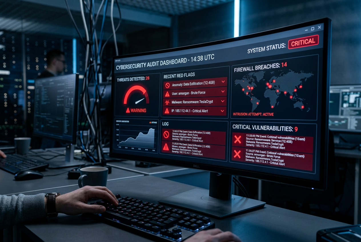 Close-up of a digital dashboard highlighting security risks and warning symbols.