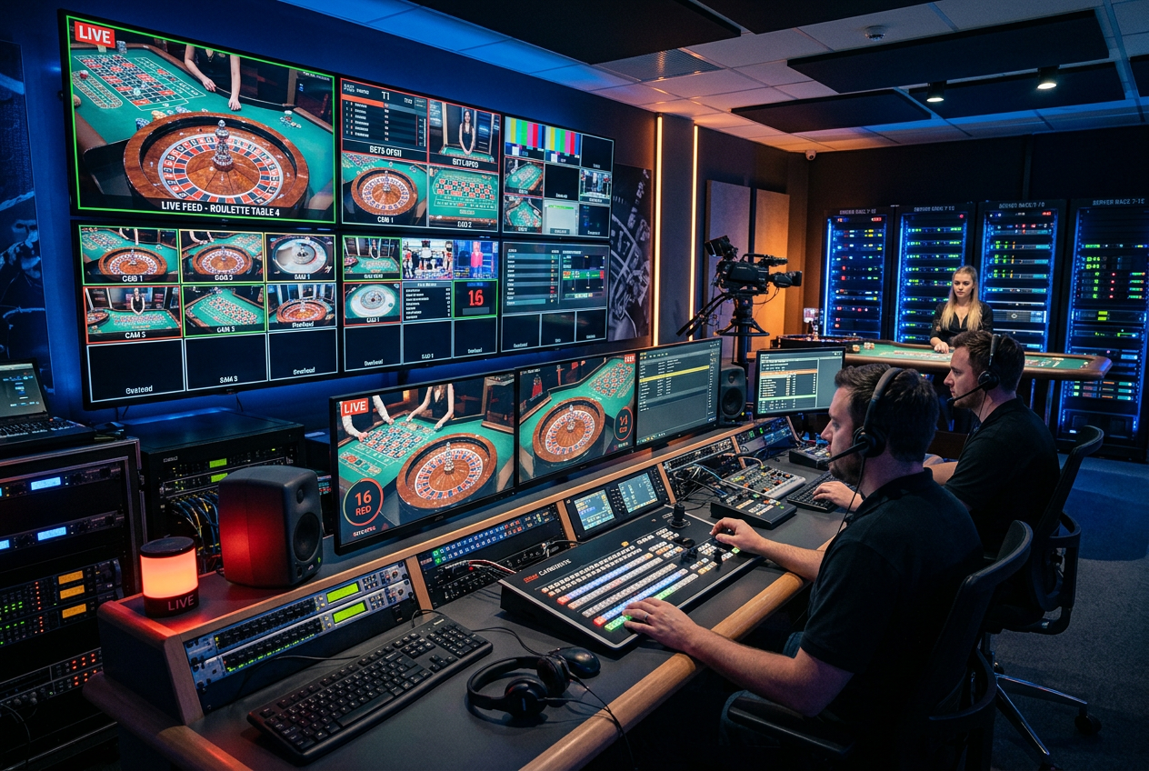 A high-tech control room for live casino broadcasting.