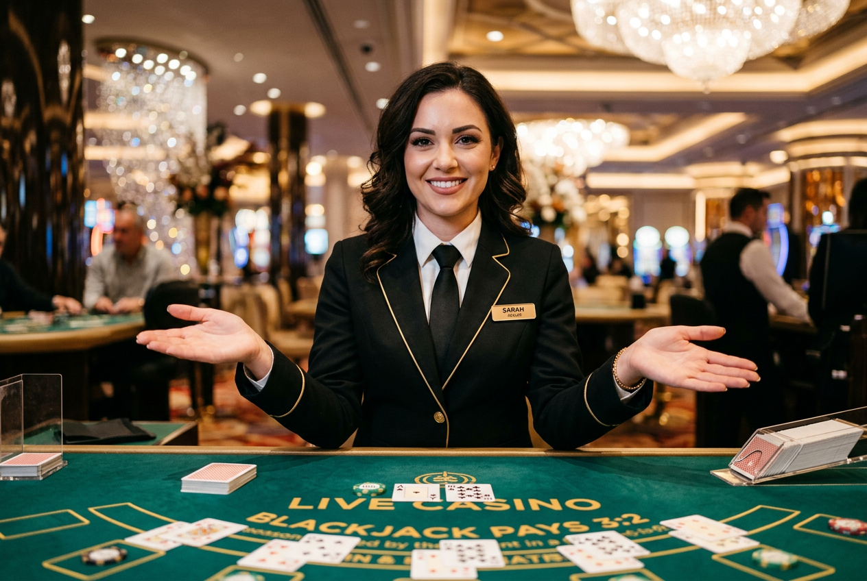 A professional croupier at a luxury blackjack table.