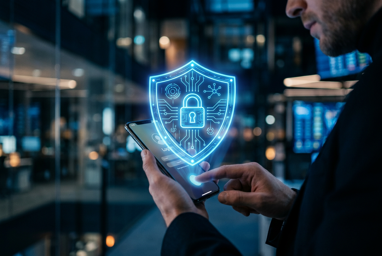 Cybersecurity concept with digital wallet and shield