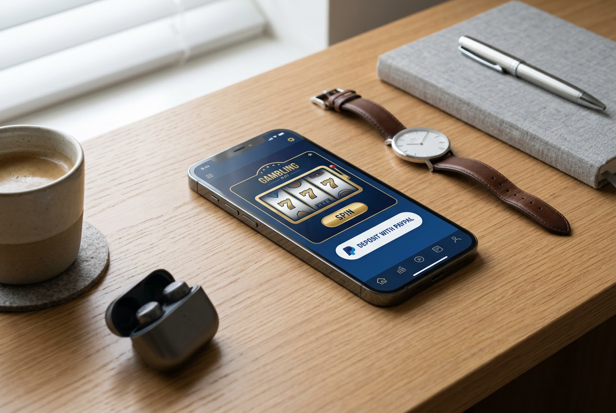 Modern smartphone displaying online casino interface and PayPal logo