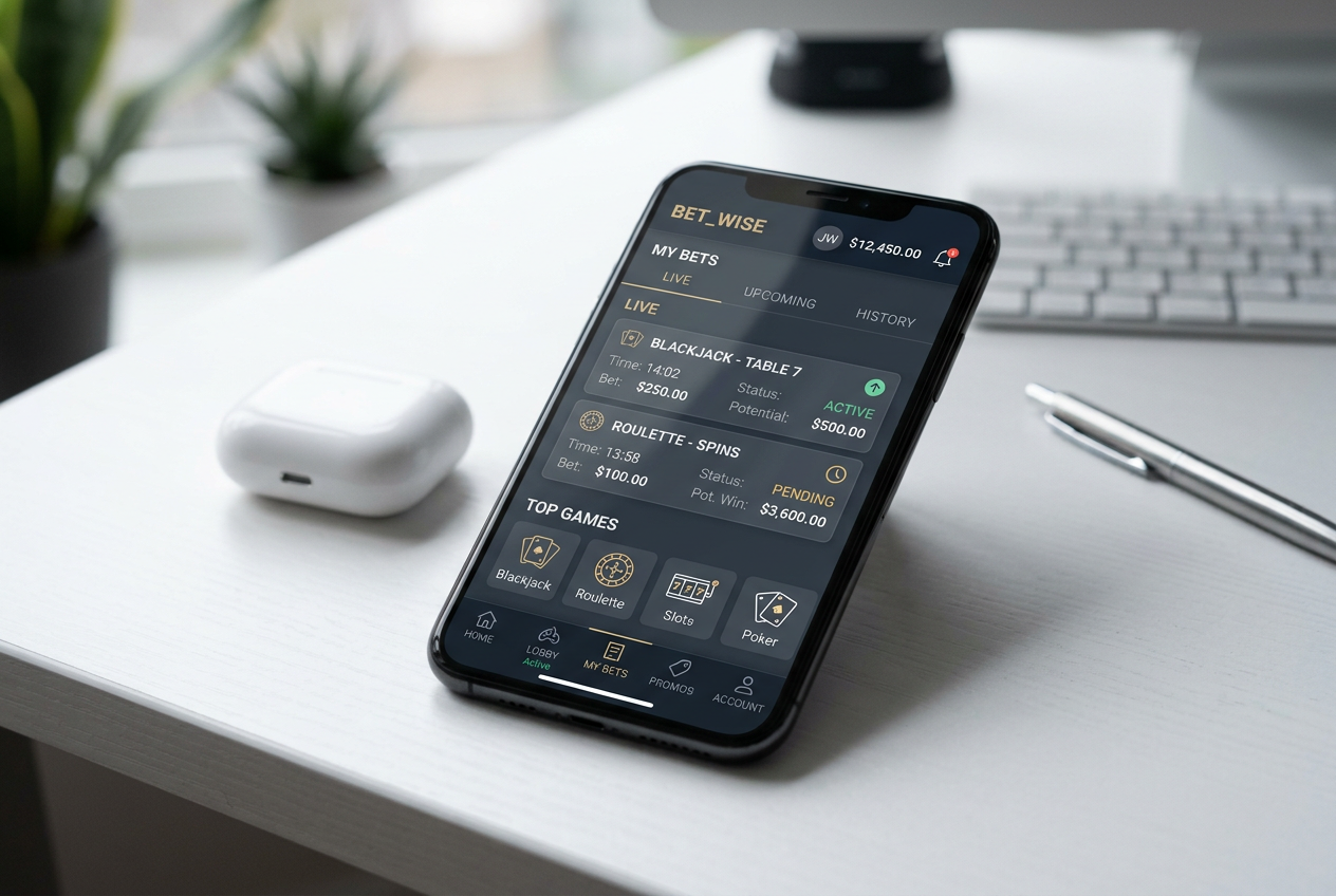 Smartfon z minimalistyczną aplikacją kasyna online na czystym biurku.