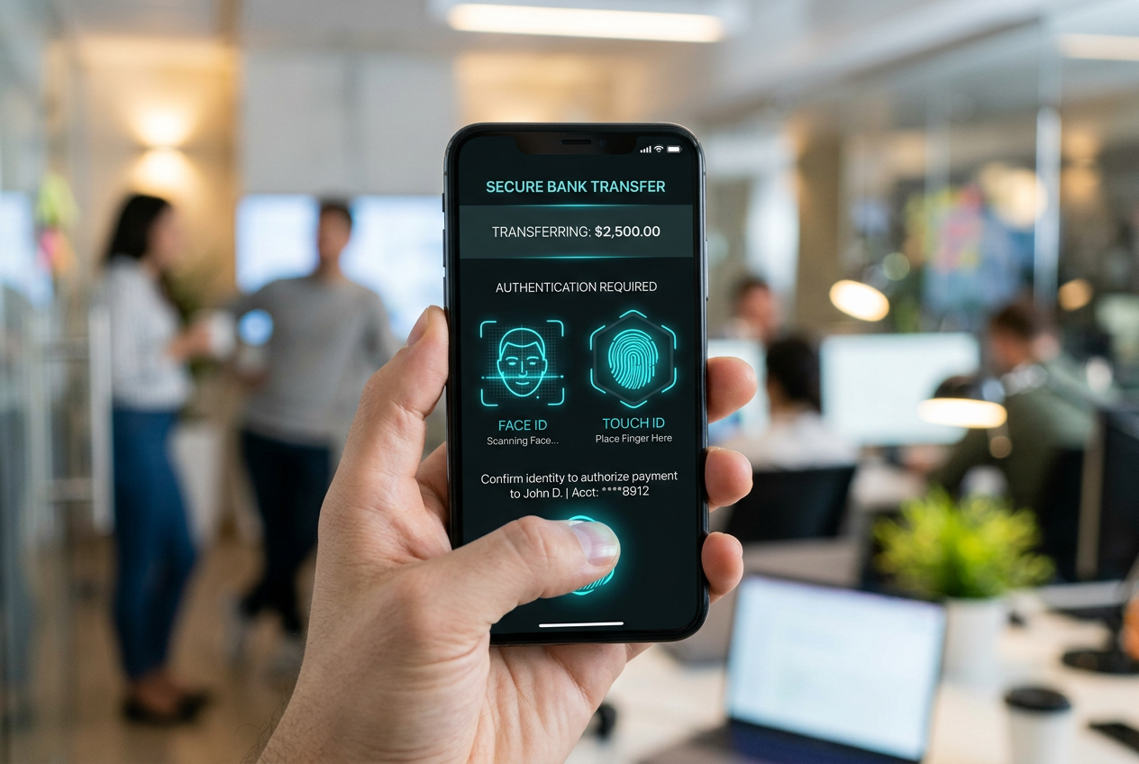 Smartphone screen displaying biometric security icons for payment authorization.